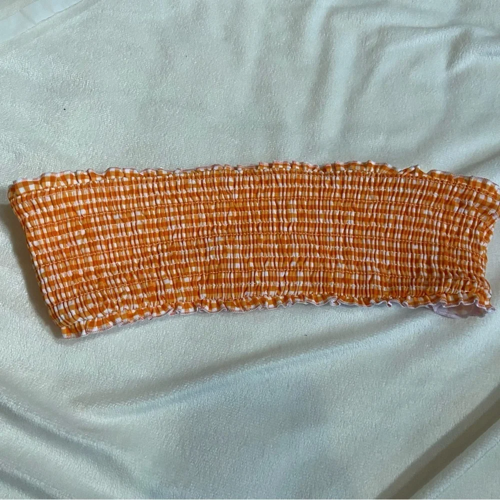 New! Frankie's Bikinis Iris Orange White Gingham Bandeau bikini Top 1579